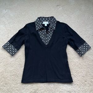 Talbots Black Elbow Sleeve Sweater w/ Contrast Collar & Cuffs - S Petite - EUC